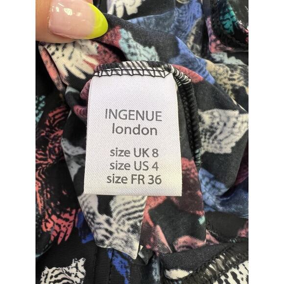 Ingenue London Dress Stretchy Long Sleeve Ruched Detail Black Owl Print Sz 4 - Picture 14 of 15